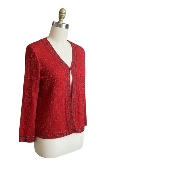 Vtg KRISHMA Women's Red Open Cardigan Evening Jacket Sequined Beaded Plus Sz 2X - Picture 2 of 14